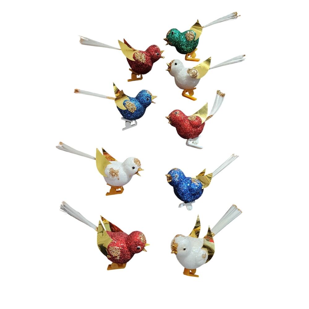 Vintage Glitter Bird Christmas Ornaments Plastic Clip Foil Wing Gold  Set of 9